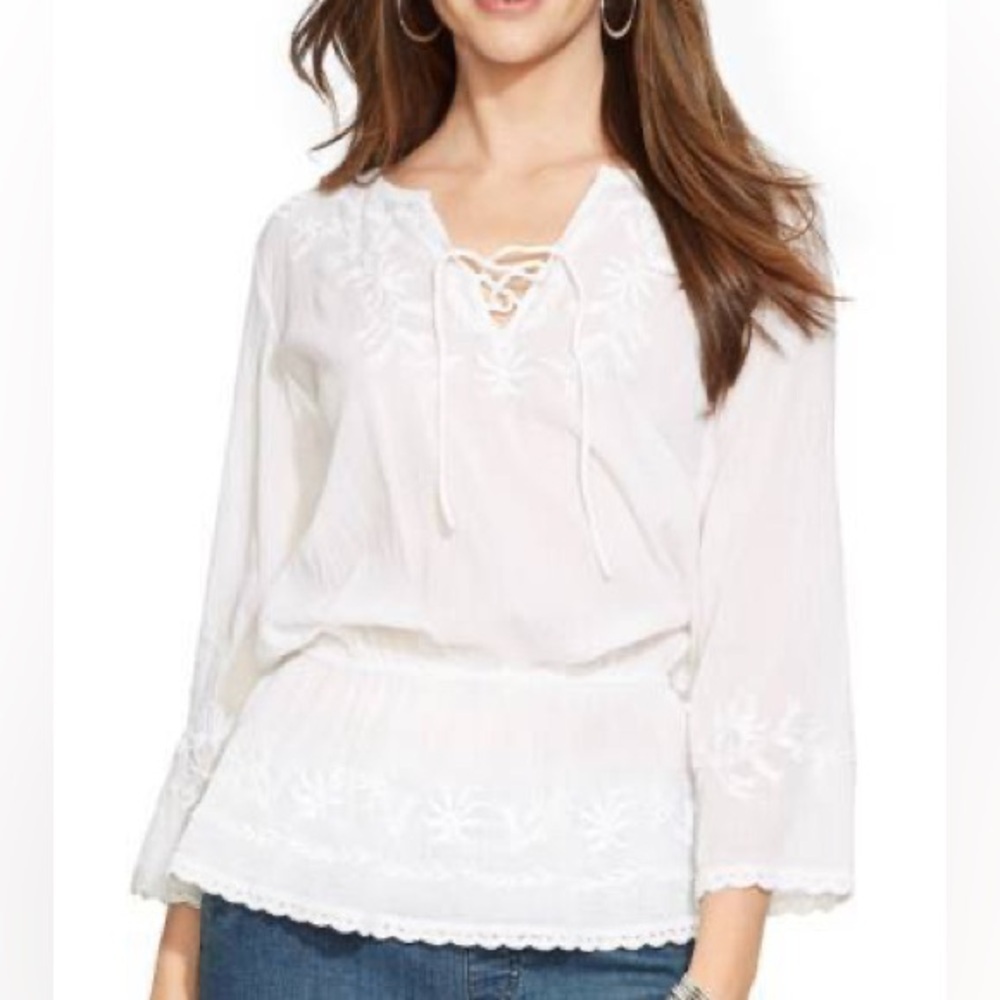 NEW LRL Womens 100% Cotton Tunic Blouse Embroidered White Sz M Peasant Beach